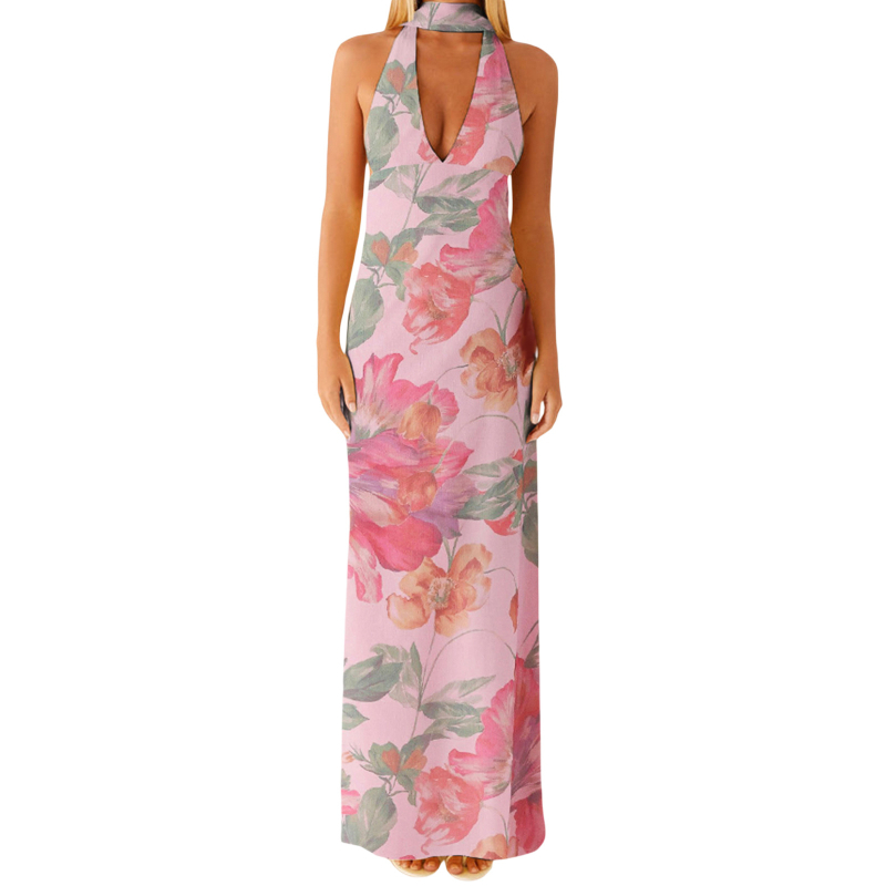 Rochie midi fără mâneci, halter, material poliester, conținut poliester 90–95%, detaliu colaj