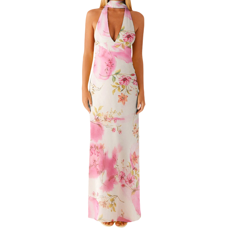Rochie midi fără mâneci, halter, material poliester, conținut poliester 90–95%, detaliu colaj