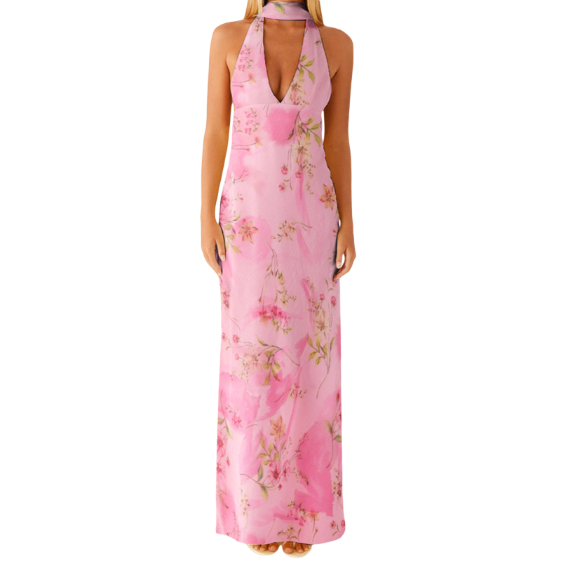 Rochie midi fără mâneci, halter, material poliester, conținut poliester 90–95%, detaliu colaj