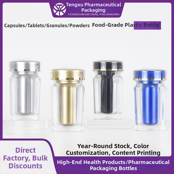 NMN kapszula csomagoló négyszögletes műanyag üveg, 100 ml, PS műanyag, bronzing (ezüst) felület, dupla kupak, nyomtatott logó