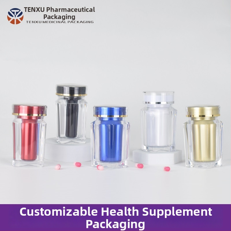 NMN kapszula csomagoló négyszögletes műanyag üveg, 100 ml, PS műanyag, bronzing (ezüst) felület, dupla kupak, nyomtatott logó