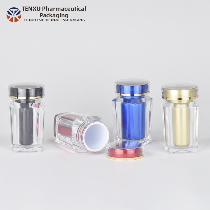 NMN kapszula csomagoló négyszögletes műanyag üveg, 100 ml, PS műanyag, bronzing (ezüst) felület, dupla kupak, nyomtatott logó