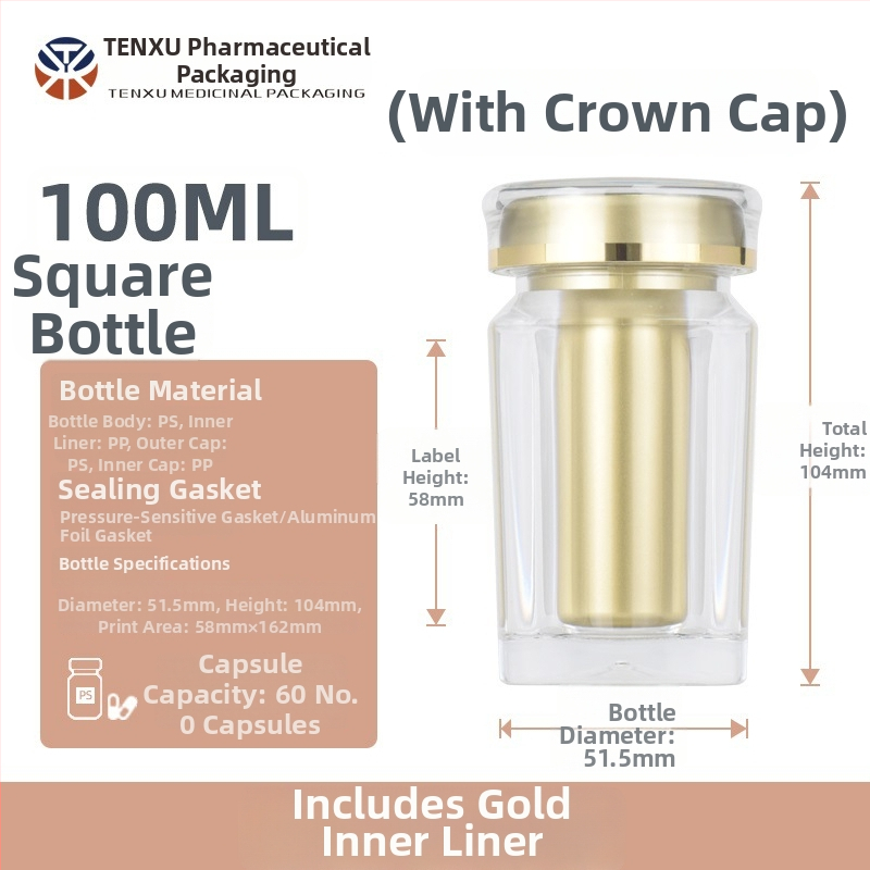 NMN kapszula csomagoló négyszögletes műanyag üveg, 100 ml, PS műanyag, bronzing (ezüst) felület, dupla kupak, nyomtatott logó