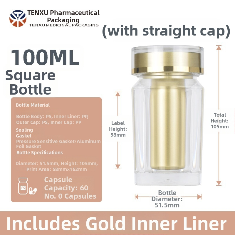 NMN kapszula csomagoló négyszögletes műanyag üveg, 100 ml, PS műanyag, bronzing (ezüst) felület, dupla kupak, nyomtatott logó