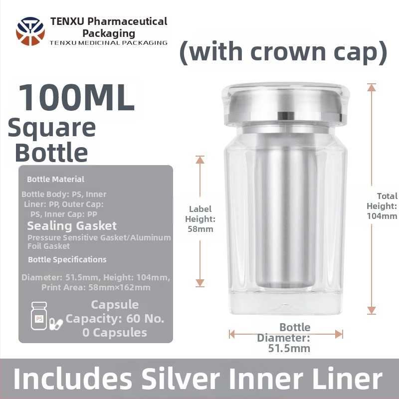 NMN kapszula csomagoló négyszögletes műanyag üveg, 100 ml, PS műanyag, bronzing (ezüst) felület, dupla kupak, nyomtatott logó