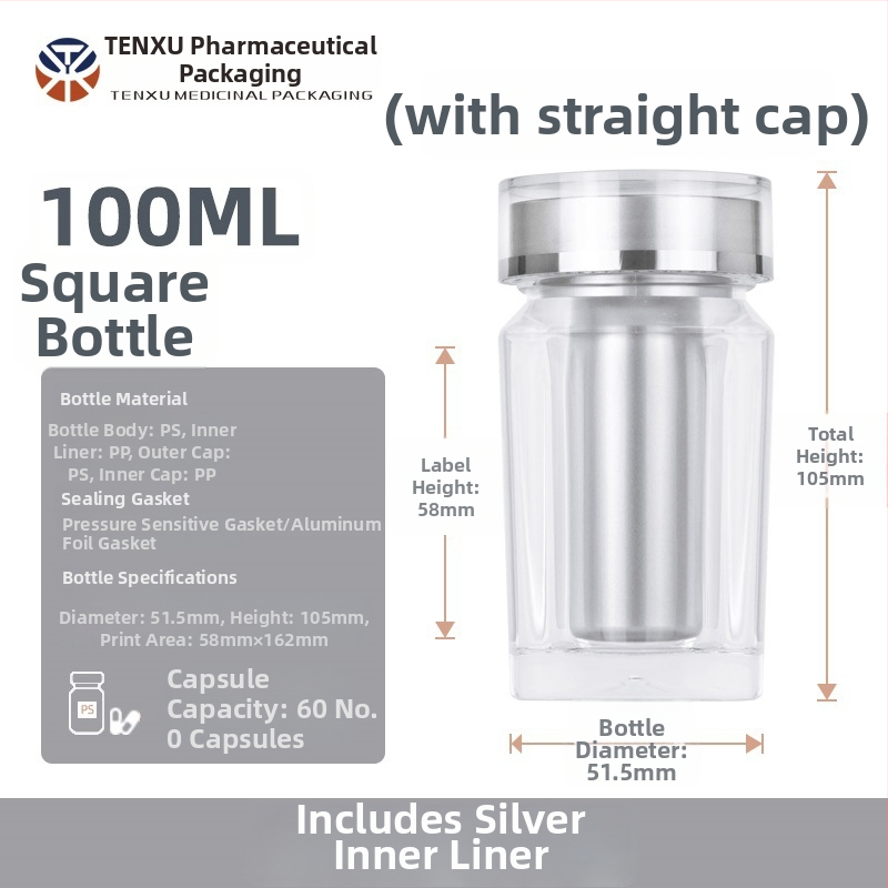 NMN kapszula csomagoló négyszögletes műanyag üveg, 100 ml, PS műanyag, bronzing (ezüst) felület, dupla kupak, nyomtatott logó