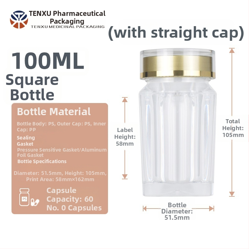 NMN kapszula csomagoló négyszögletes műanyag üveg, 100 ml, PS műanyag, bronzing (ezüst) felület, dupla kupak, nyomtatott logó