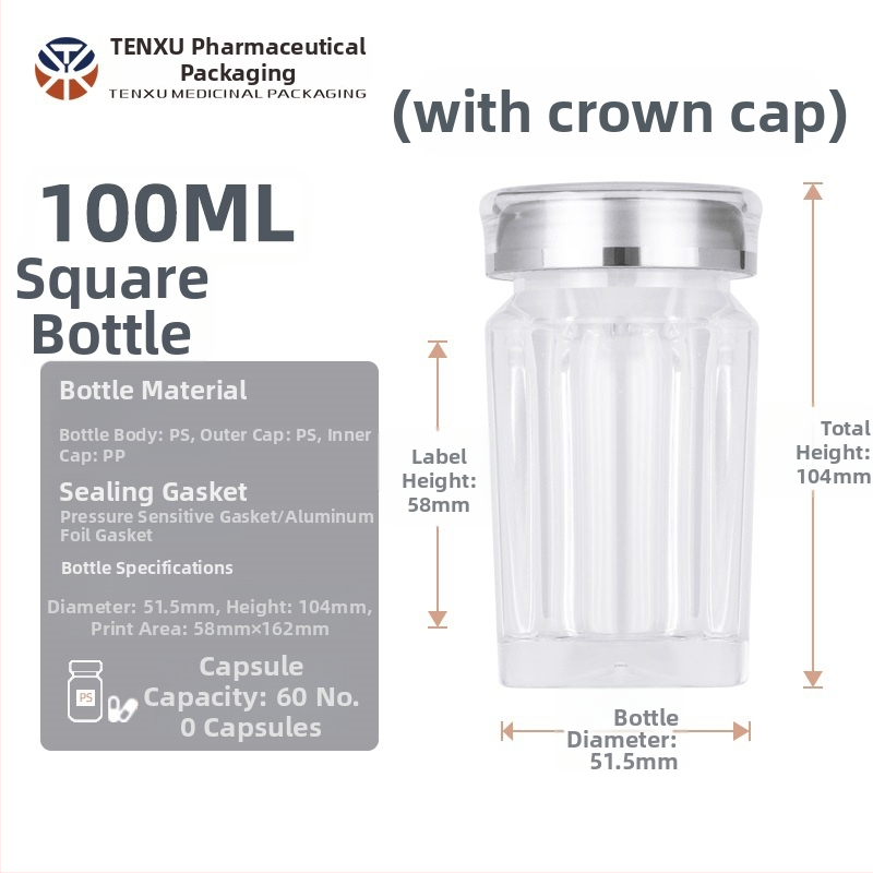 NMN kapszula csomagoló négyszögletes műanyag üveg, 100 ml, PS műanyag, bronzing (ezüst) felület, dupla kupak, nyomtatott logó