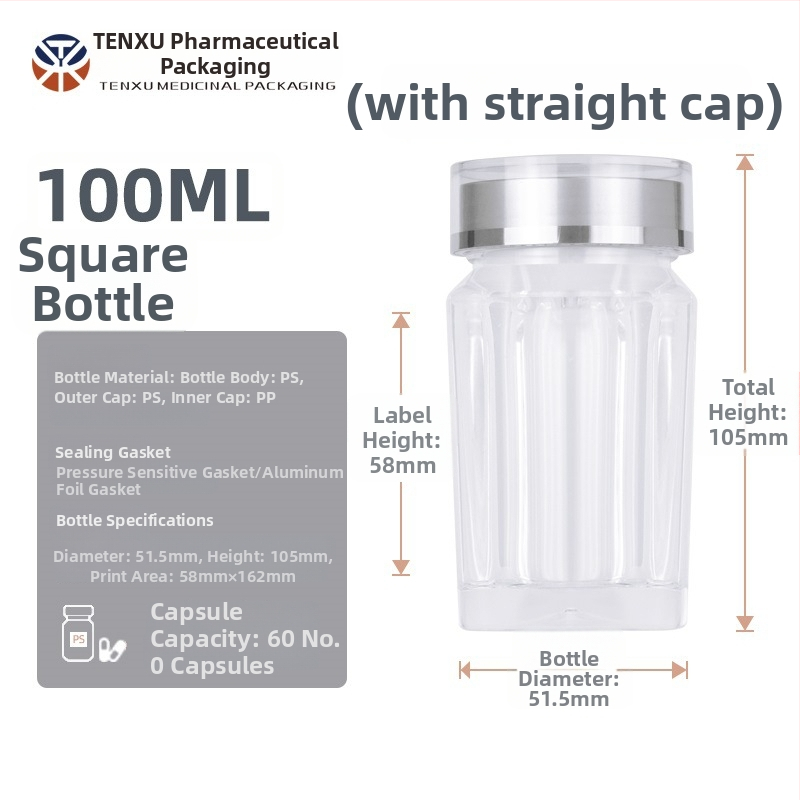 NMN kapszula csomagoló négyszögletes műanyag üveg, 100 ml, PS műanyag, bronzing (ezüst) felület, dupla kupak, nyomtatott logó