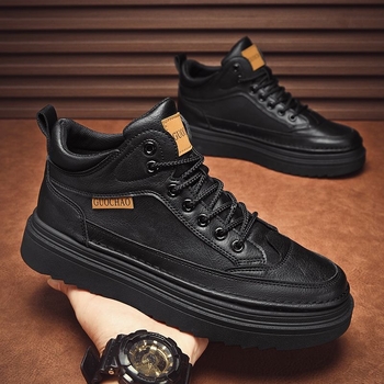 Ghete de lucru pentru bărbați, cu înălțime peste 11 cm, din piele sintetică, vârf rotund, talpă din cauciuc, închidere cu șireturi