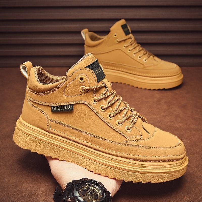 Ghete de lucru pentru bărbați, cu înălțime peste 11 cm, din piele sintetică, vârf rotund, talpă din cauciuc, închidere cu șireturi