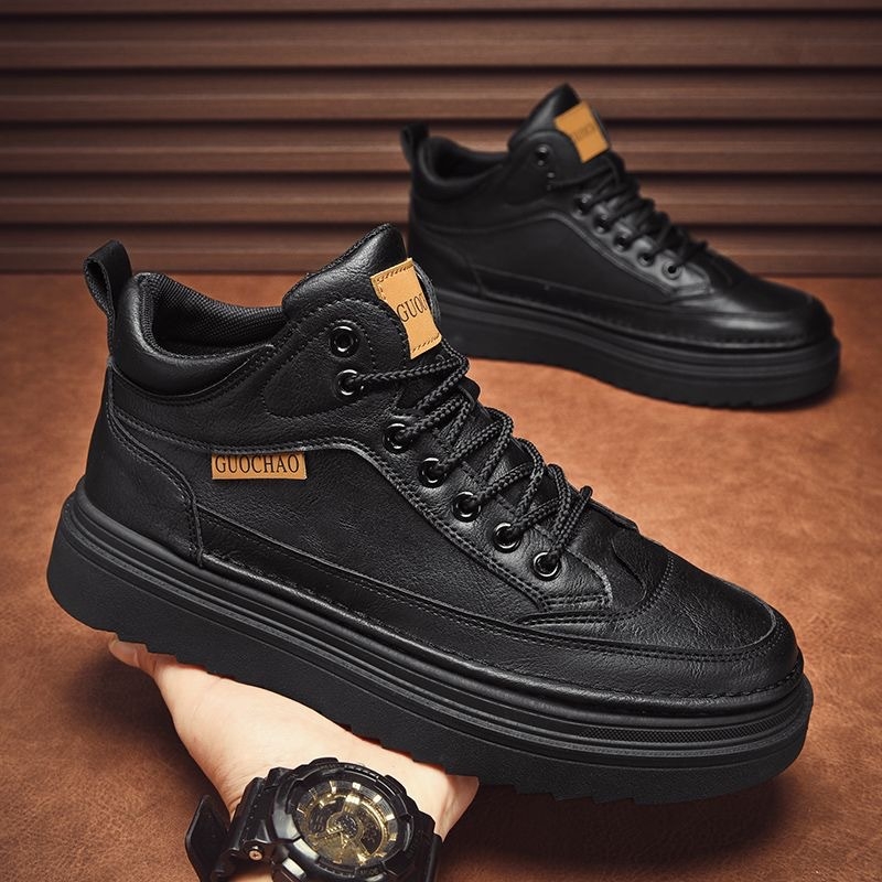 Ghete de lucru pentru bărbați, cu înălțime peste 11 cm, din piele sintetică, vârf rotund, talpă din cauciuc, închidere cu șireturi