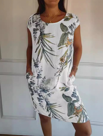 Rochie casual din poliester, imprimare digitală, lungime medie, guler rotund, mâneci scurte