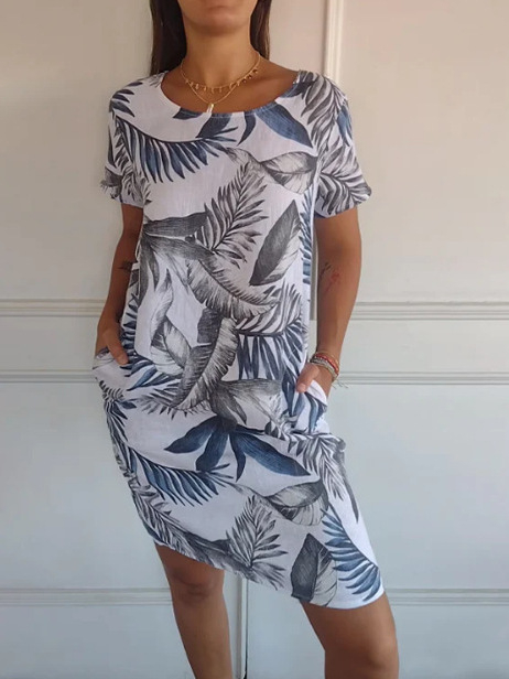 Rochie casual din poliester, imprimare digitală, lungime medie, guler rotund, mâneci scurte