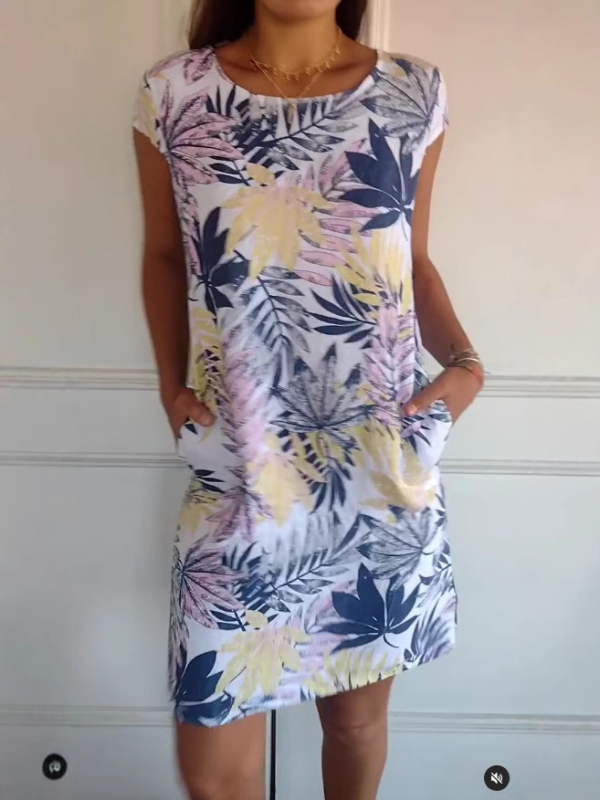 Rochie casual din poliester, imprimare digitală, lungime medie, guler rotund, mâneci scurte