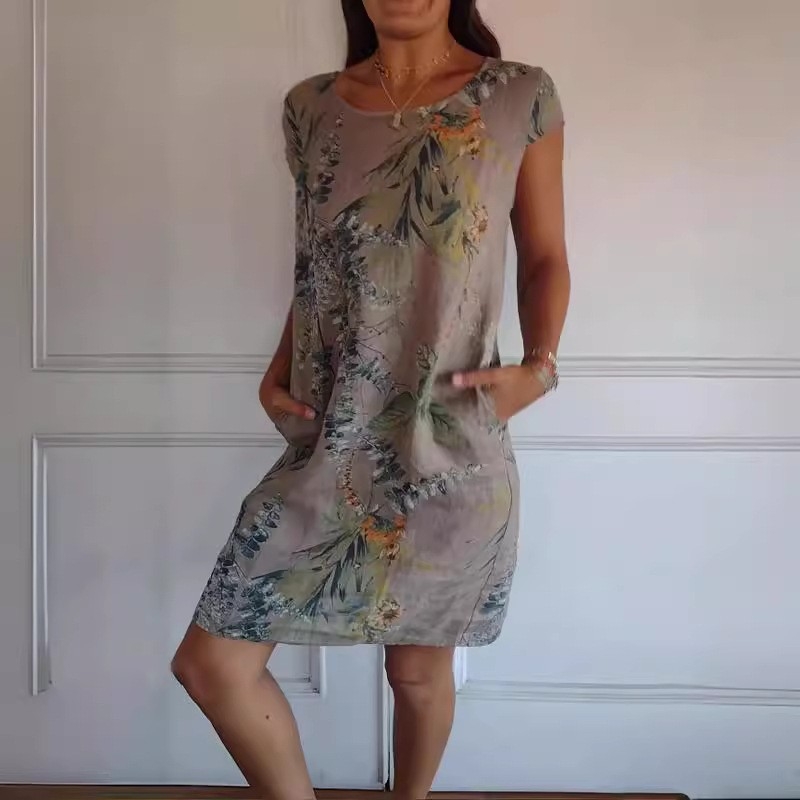 Rochie casual din poliester, imprimare digitală, lungime medie, guler rotund, mâneci scurte