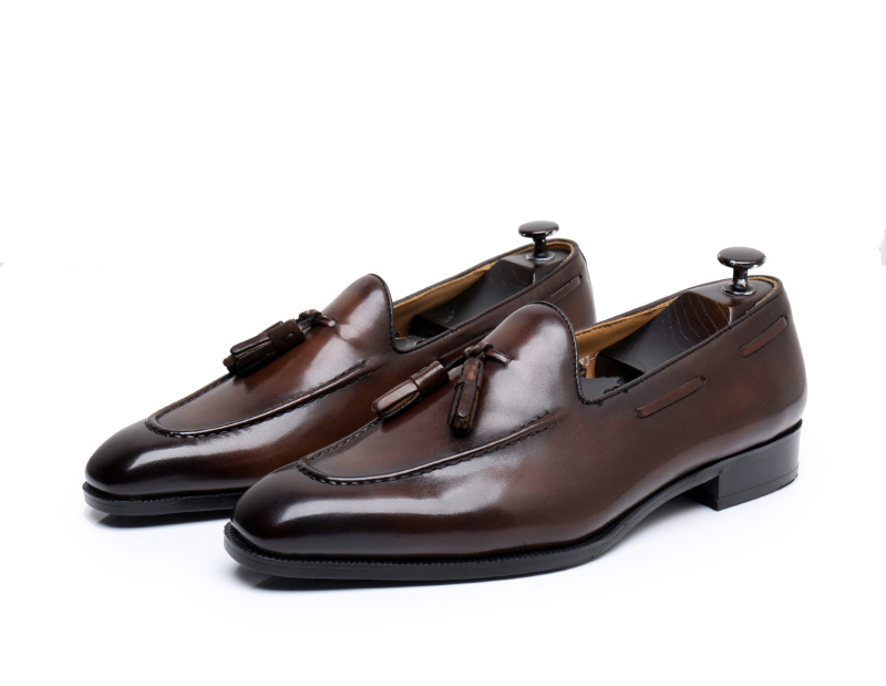 Mocasini bărbați cu ciucuri, stil britanic vintage, piele de vițel, talpă din cauciuc, slip-on, vârf ascuțit