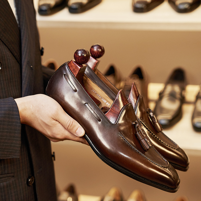 Mocasini bărbați cu ciucuri, stil britanic vintage, piele de vițel, talpă din cauciuc, slip-on, vârf ascuțit