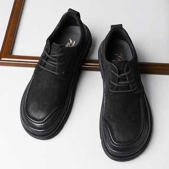 Pantofi casual-business din piele de vită de primă calitate, respirabili, talpă groasă din cauciuc, vârf rotund, toc redus 1–3 cm, pentru iarnă