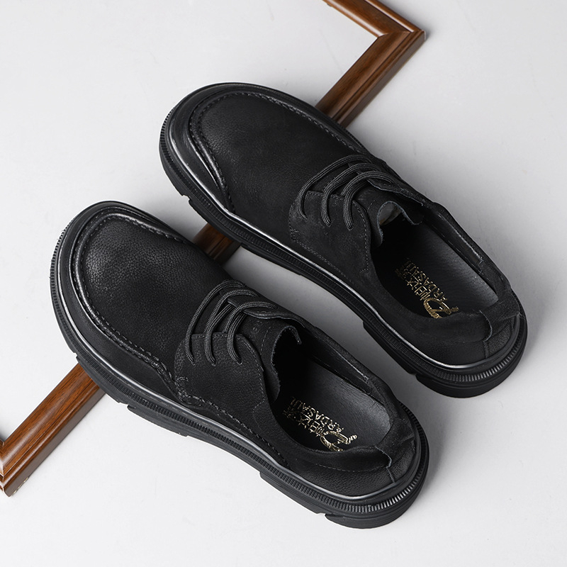 Pantofi casual-business din piele de vită de primă calitate, respirabili, talpă groasă din cauciuc, vârf rotund, toc redus 1–3 cm, pentru iarnă