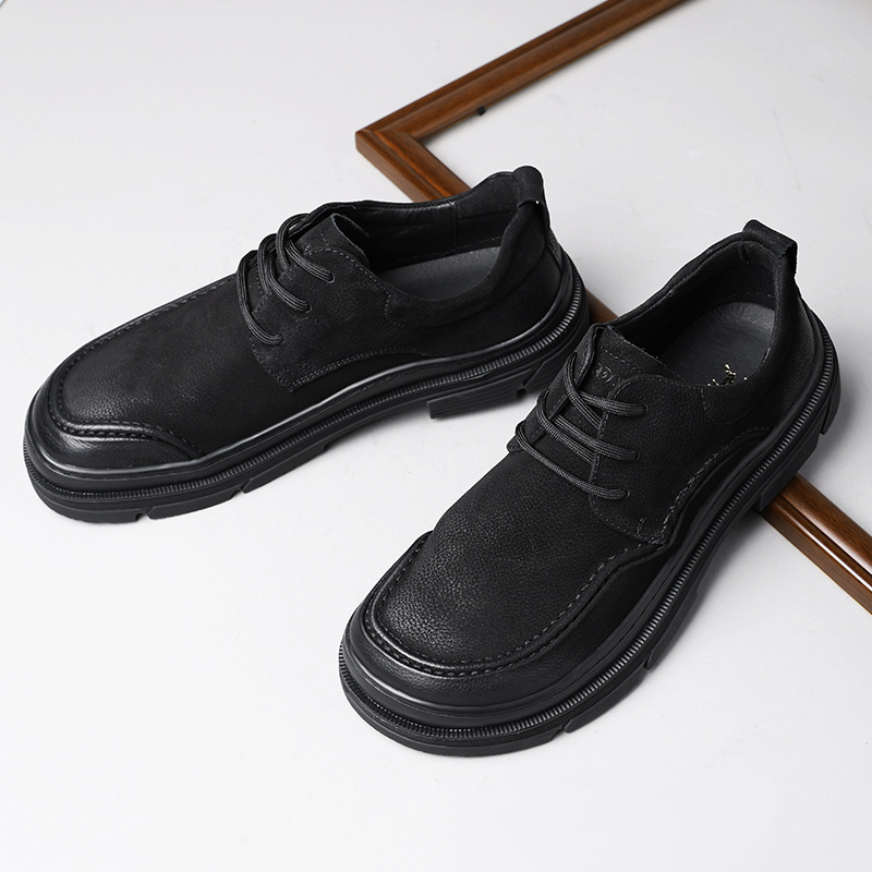 Pantofi casual-business din piele de vită de primă calitate, respirabili, talpă groasă din cauciuc, vârf rotund, toc redus 1–3 cm, pentru iarnă