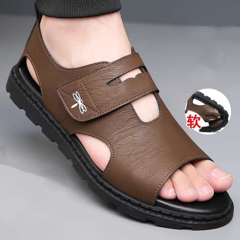 Sandale pentru bărbați de plajă, din piele microfibră respirantă, talpă din cauciuc, închidere cu patch magnetic