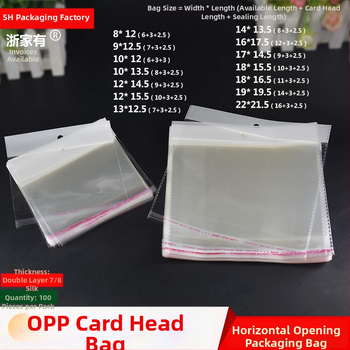 Horizontálne otvárateľná samolepiaca plastová taška na kartičky, priehľadná, s otvormi na zavesenie, vhodná pre šperky, hračky a kancelárske potreby, s logom