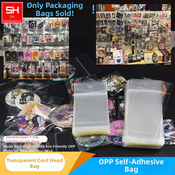 Horizontálne otvárateľná samolepiaca plastová taška na kartičky, priehľadná, s otvormi na zavesenie, vhodná pre šperky, hračky a kancelárske potreby, s logom