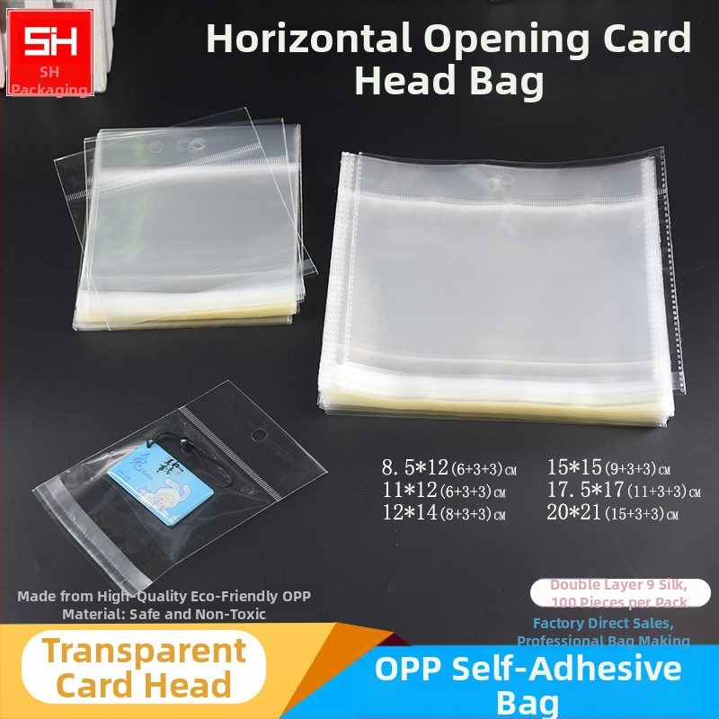 Horizontálne otvárateľná samolepiaca plastová taška na kartičky, priehľadná, s otvormi na zavesenie, vhodná pre šperky, hračky a kancelárske potreby, s logom