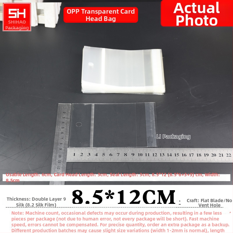 Horizontálne otvárateľná samolepiaca plastová taška na kartičky, priehľadná, s otvormi na zavesenie, vhodná pre šperky, hračky a kancelárske potreby, s logom