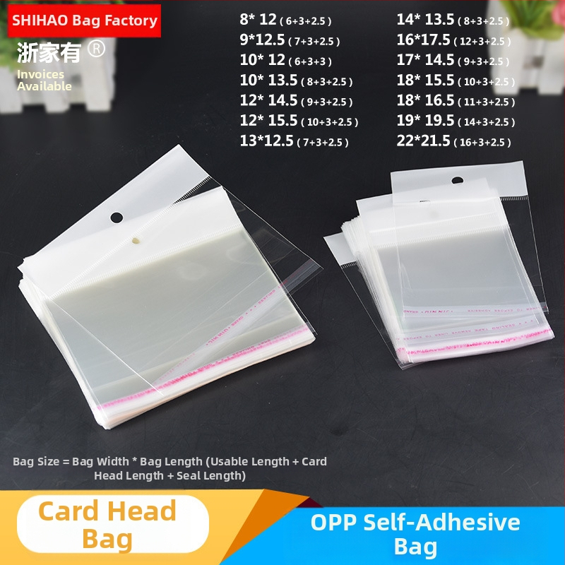 Horizontálne otvárateľná samolepiaca plastová taška na kartičky, priehľadná, s otvormi na zavesenie, vhodná pre šperky, hračky a kancelárske potreby, s logom