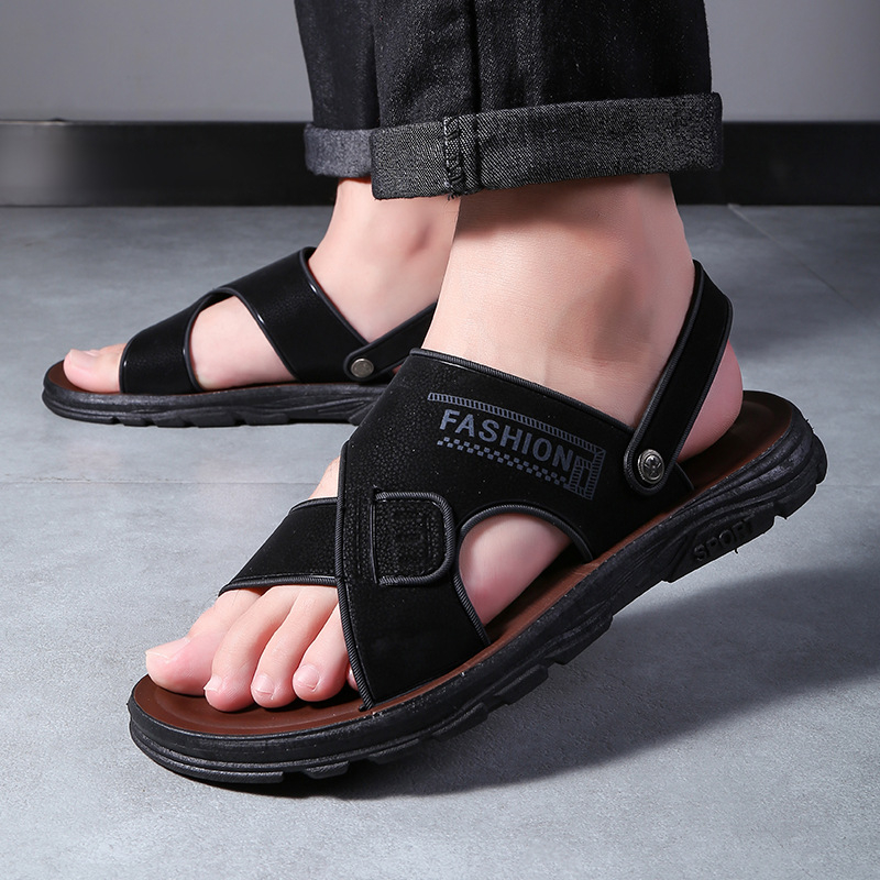 Sandale pentru bărbați cu deget deschis, partea superioară din piele sintetică, talpă din cauciuc, închidere cu șiret, impermeabile și antiderapante, vară 2024