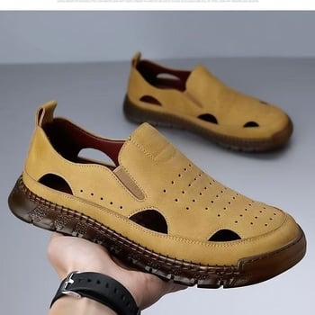 Muške kožne sandale, Slip-On, prozračne, gumena potplat, protuklizne, s zaštitom prsta