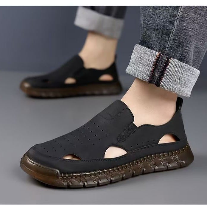 Muške kožne sandale, Slip-On, prozračne, gumena potplat, protuklizne, s zaštitom prsta