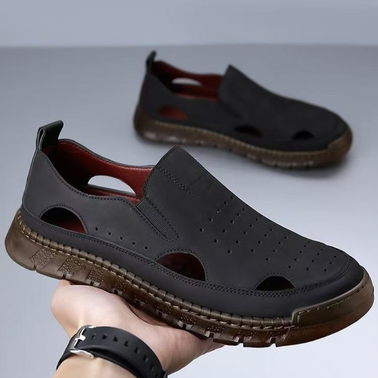 Muške kožne sandale, Slip-On, prozračne, gumena potplat, protuklizne, s zaštitom prsta