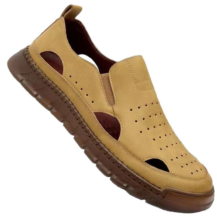 Muške kožne sandale, Slip-On, prozračne, gumena potplat, protuklizne, s zaštitom prsta