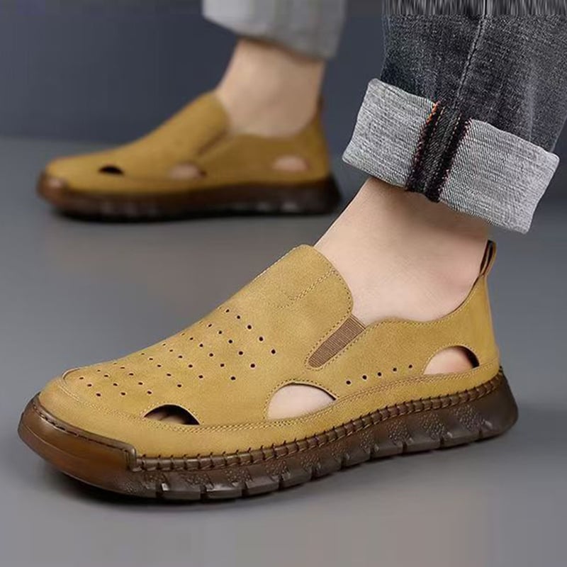 Muške kožne sandale, Slip-On, prozračne, gumena potplat, protuklizne, s zaštitom prsta