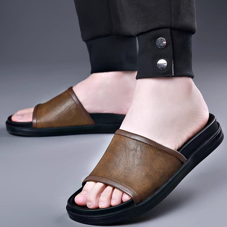 Muške sandale od prave kože, otvorenog prsta, slip-on, prozračne, gumeni đon