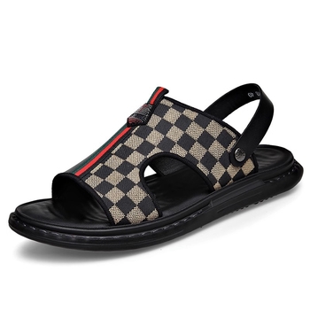 Sandale pentru bărbați - model în carouri, talpă din cauciuc, branț PU, partea superioară din piele de vită, strat secund