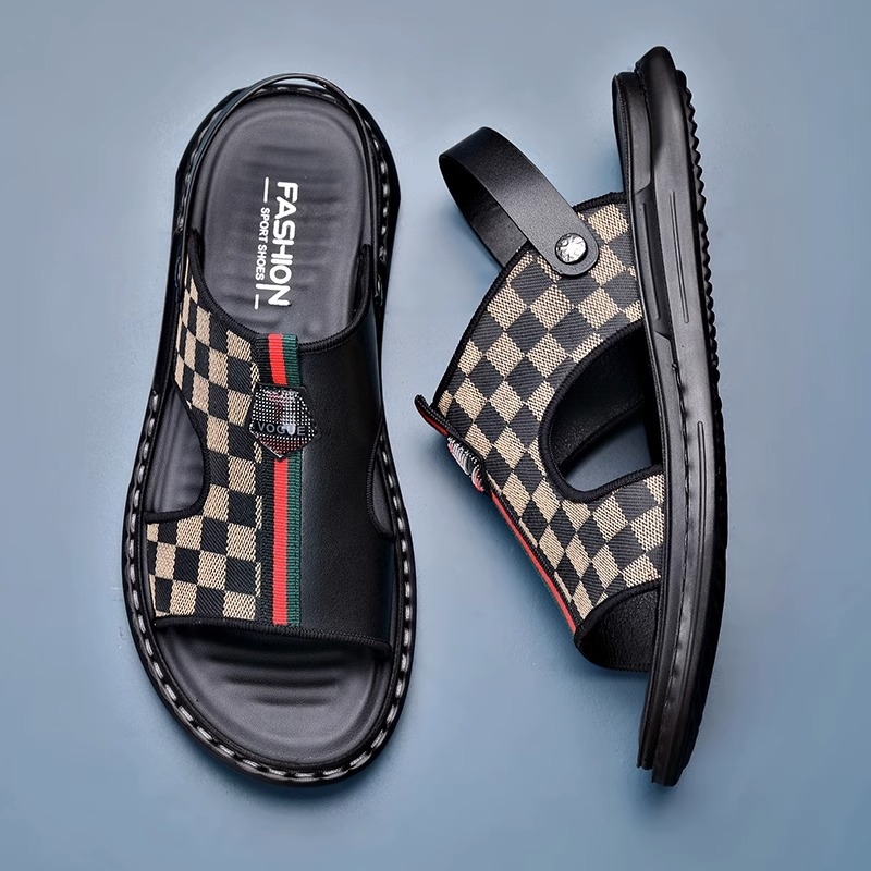 Sandale pentru bărbați - model în carouri, talpă din cauciuc, branț PU, partea superioară din piele de vită, strat secund