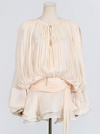 Rochie cu guler rotund, mâneci lampă, talie înaltă, fustă plisată neregulată (amestec poliester-elastan)