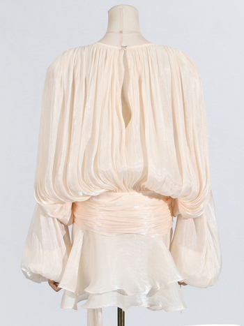 Rochie cu guler rotund, mâneci lampă, talie înaltă, fustă plisată neregulată (amestec poliester-elastan)