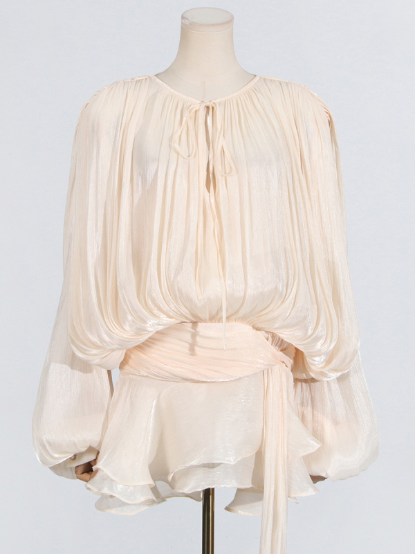 Rochie cu guler rotund, mâneci lampă, talie înaltă, fustă plisată neregulată (amestec poliester-elastan)