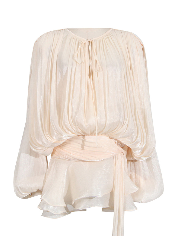 Rochie cu guler rotund, mâneci lampă, talie înaltă, fustă plisată neregulată (amestec poliester-elastan)