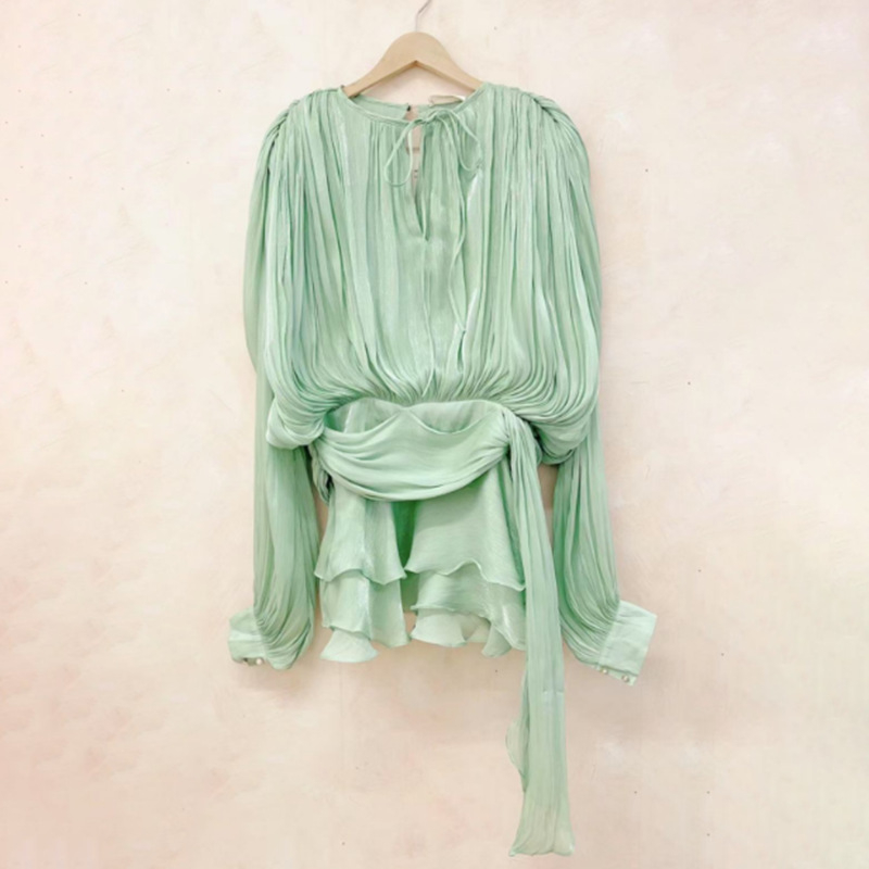 Rochie cu guler rotund, mâneci lampă, talie înaltă, fustă plisată neregulată (amestec poliester-elastan)