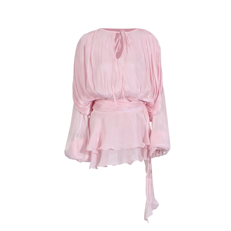 Rochie cu guler rotund, mâneci lampă, talie înaltă, fustă plisată neregulată (amestec poliester-elastan)