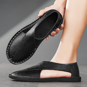 Sandale pentru bărbați din piele naturală, respirante, slip-on, talpă din cauciuc, vară 2024