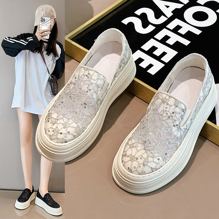 Pantofi fisherman pentru femei – respirabili, toc 3-5 cm, partea superioară Glitter Gauze, vârf rotund, talpă din cauciuc