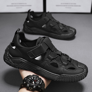 Sandale pentru bărbați, cu căptușeală din plasă respirabilă, partea superioară PU, talpă PVC, închidere Velcro, anti-derapant (PU upper; PVC sole; Velcro; breathable mesh lining; anti-slip)