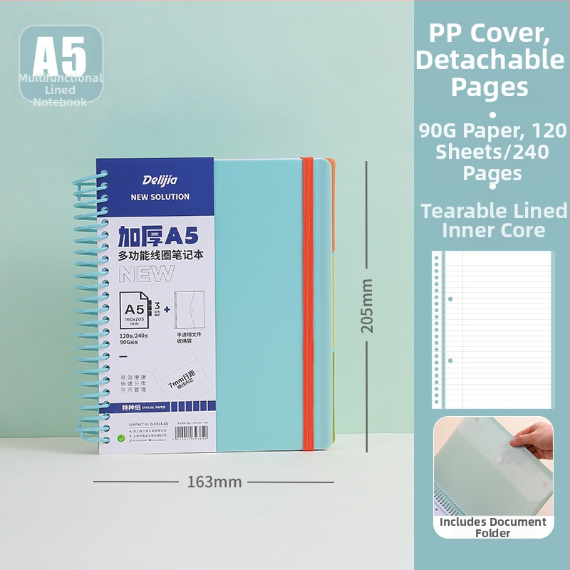 Bilježnica sa spiralnim uvezom, PP korica, papir od drvene pulpe 90 g/m², perforirane stranice s razdjelnicima po predmetima